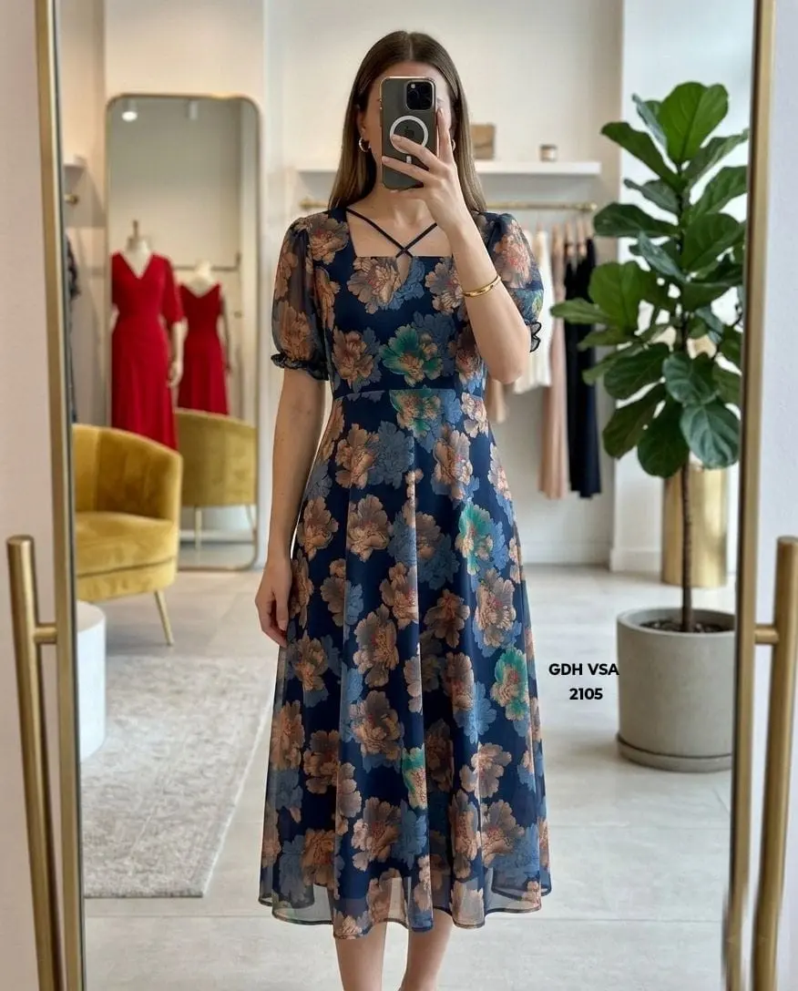 Floral Printed Maxi Dress Dark Blue